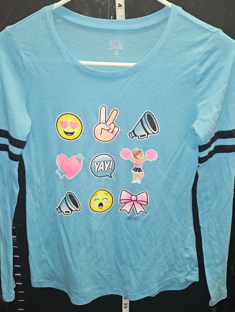 Justice Girls Top Light Aqua Long-Sleeve Tee with Cheer Emoji Graphics Size 12